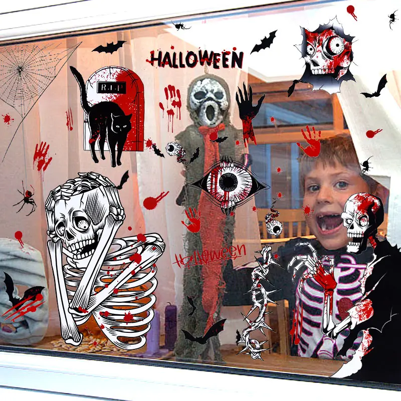 Halloween Stickers Horror Blood Hand Print Skull Pumpkin Electrostatic Window Stickers Halloween Party Haunted House Wall Decal