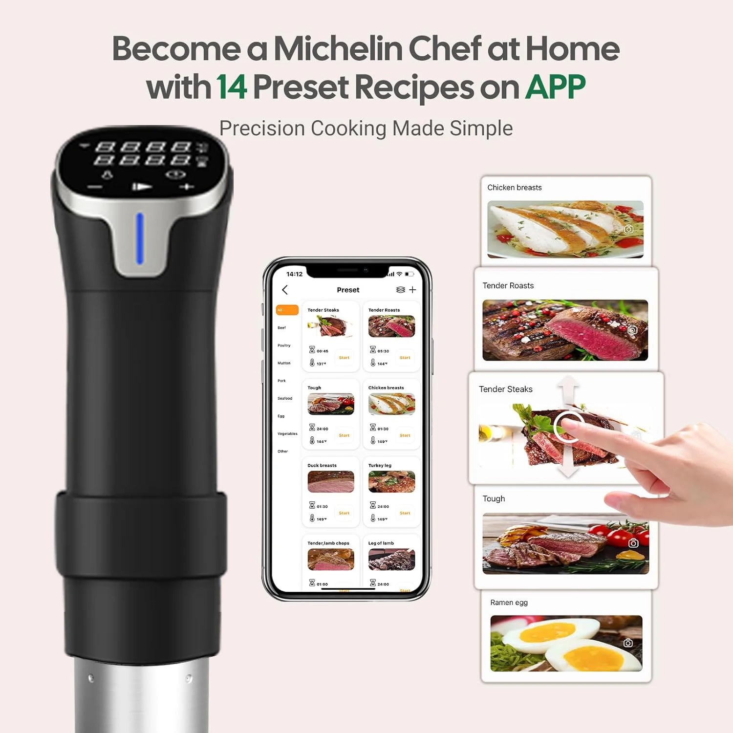 2.4G WIFI Sous Vide Cooker Gison Sous Vide Machine APP Control 1100W Immersion Circulator APP Recipes Timer Alarm Fast Heating