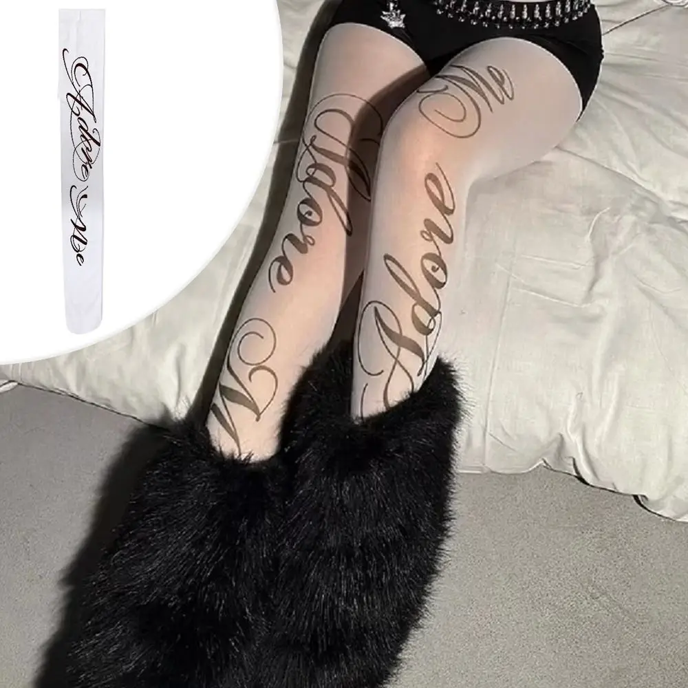 White Y2K Women's Long Socks Gothic Silk Sexy Stockings Lingerie Subculture Tight Letter Printed Pantyhose Daily Use