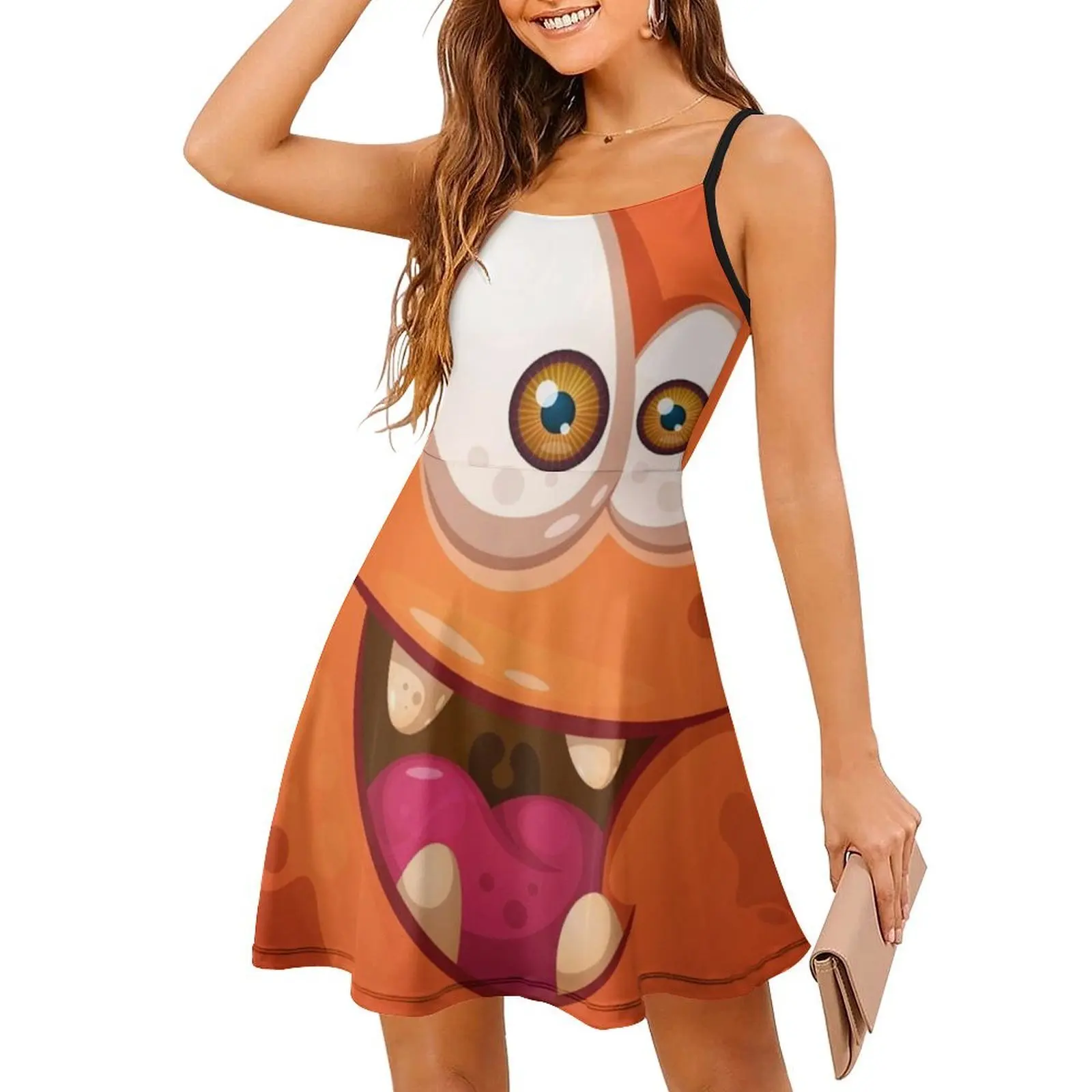 فستان بوهيمي لطيف ومجنون على شكل وحش كرتوني بدون أكمام للنساء مطبوع عليه فساتين حفلات الشاطئ وحفلات أعياد الميلاد السعيدة