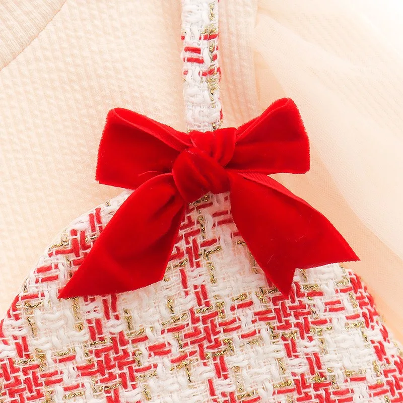 فستان بناتي للخريف/الشتاء من القطن بلون سادة مع فيونكة شبكية وأكمام طويلة فساتين للفتيات فستان أميرة عيد الميلاد الحلو ولطيف