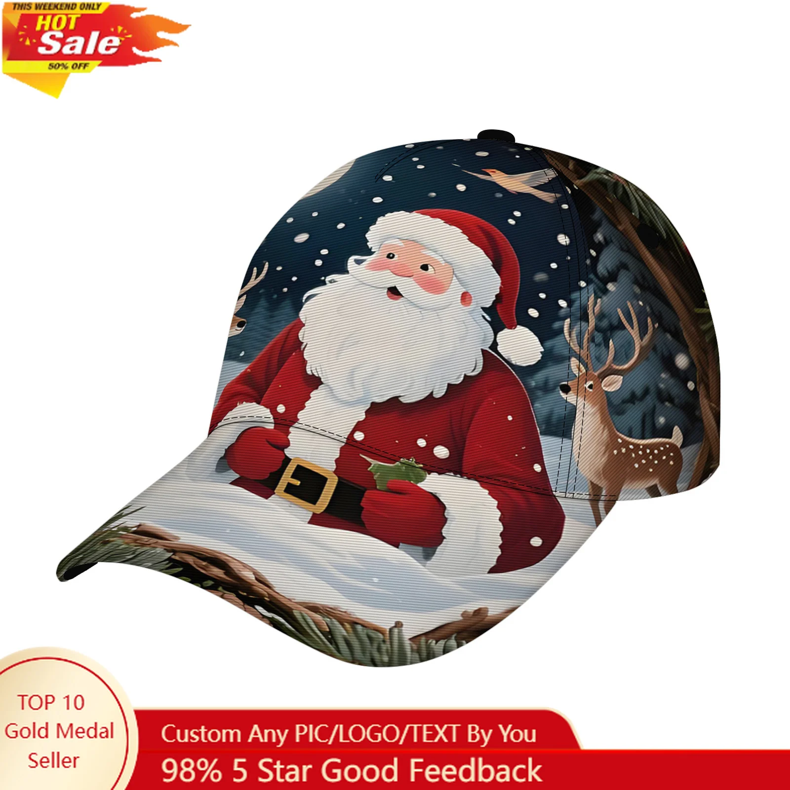 

Регулируемая шляпа из полиэстера с рождественским принтом Санта-Клауса и оленя — праздничный дизайн «Снежный лес», красные и праздничные цвета, Co