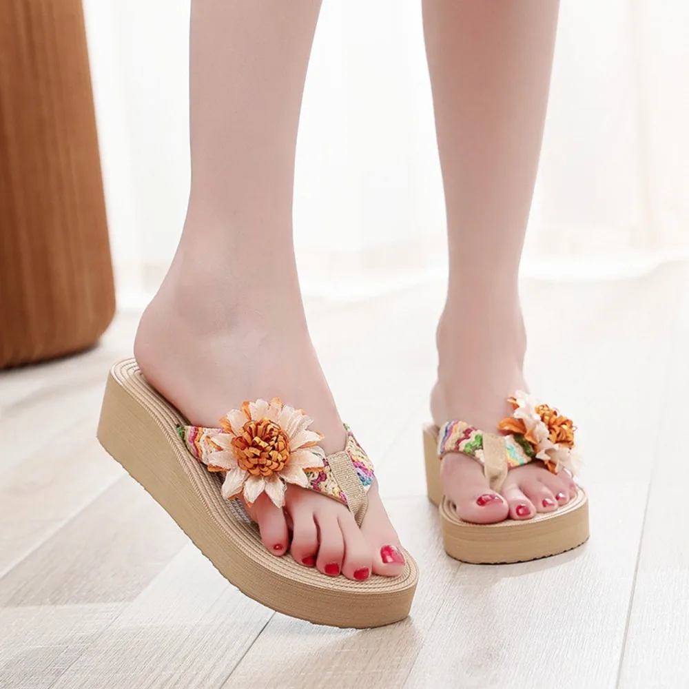 

Модные праздничные шлепанцы с цветочным принтом, водонепроницаемые нескользящие соломенные плетеные сандалии, обувь из ЭВА, отпускные пляжные тапочки, летние