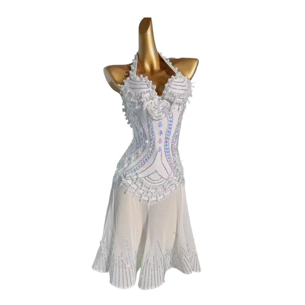 Latin Dance Stage Costume dress High-end Customized International Competition Dancer Competition Clothing Full of Pearl Slim Fit