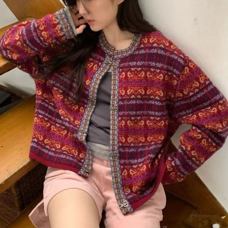 

Women Knitted Cardigan Sweaters Jacquard Jumpers Color Blocked Pocket Round Neck Single Breasted Loose Casual 2025 Autumn Winter