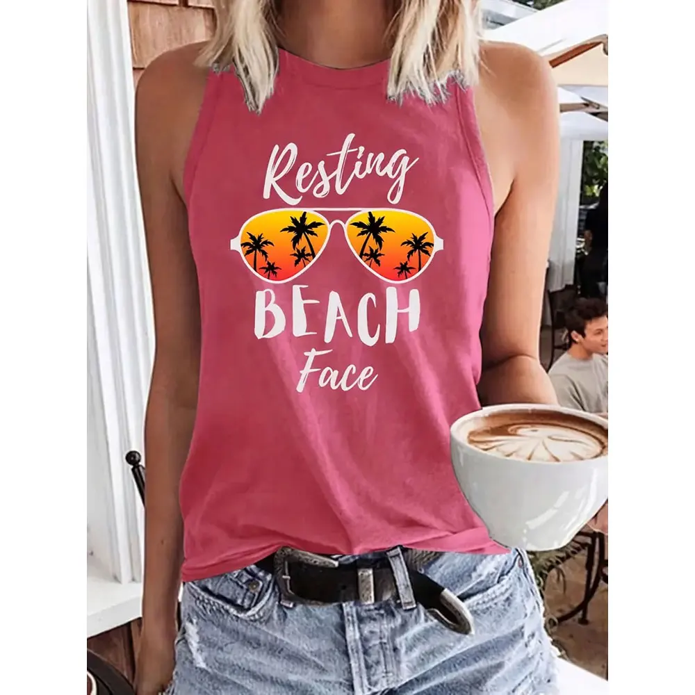 Resting Beach Fashion Sleeveless Vest 3D Letter Printed Coloful Basic Tops Soft & Comfortable Summer Versatile T-shirt & Blouse