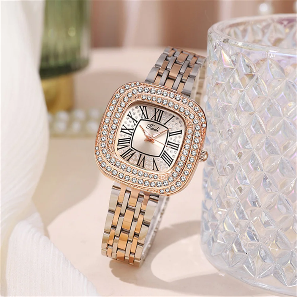 Luxury Full Star Ladies Square Roman Quartz Watch Stylish Stainless Steel Business Women\'s Dress Clock Gift Wristwatch