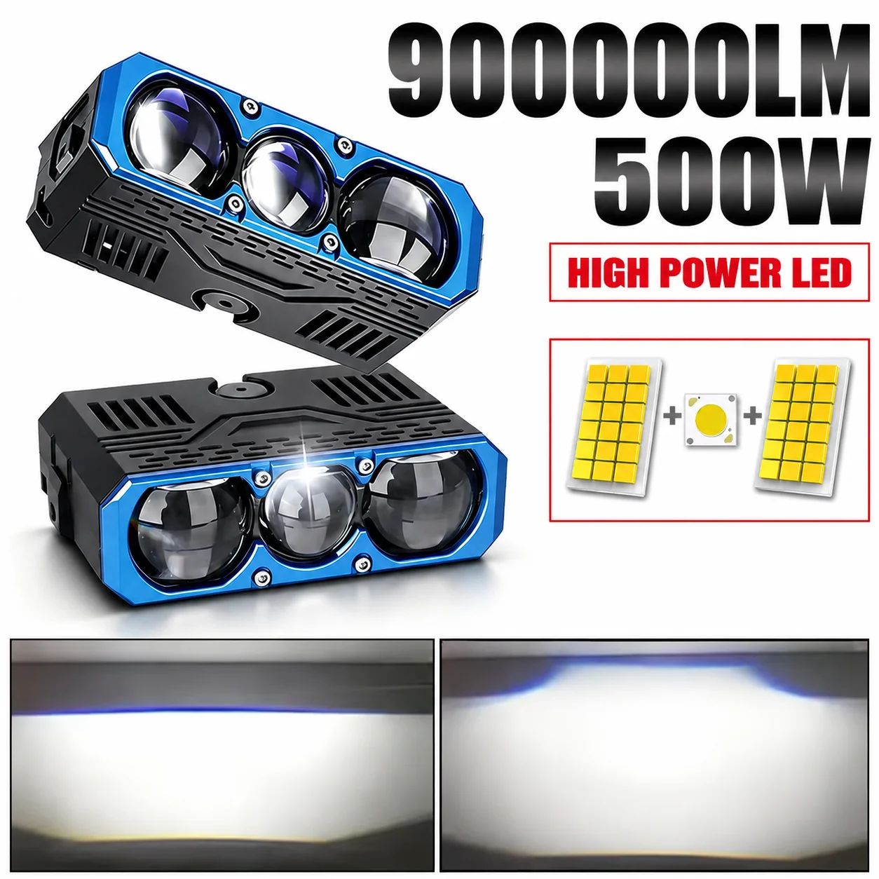 500W Triple Lens LED Spotlight 6000K Projector Solenoid Beam Switching LED Headlight Car Motorcycle Grille Light Offroad Truck