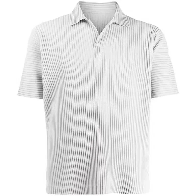 

Miyake Pleated Men’s Clothing Oversized Summer Polo Shirt Short Sleeve Loose Fit Japan Style Casual Turn-down Collar Top for Men
