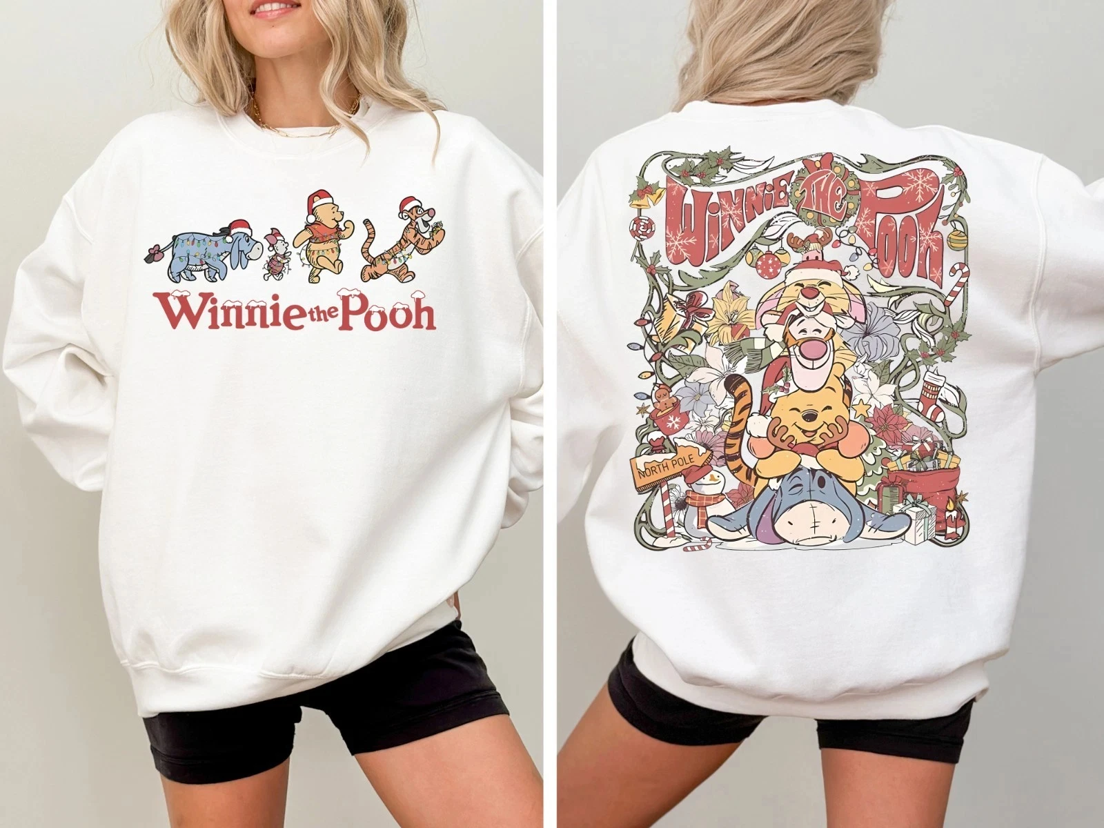 Chemise de noël Vintage et réversible Disney Winnie l'ourson, sweat-shirt et pull unisexe à col rond, streetwear automne/hiver