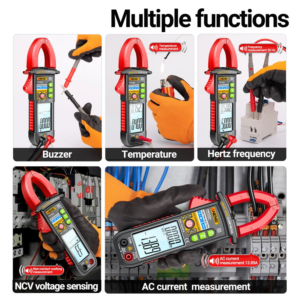 PN102+ Smart Voice Clamp Meter 6000 Counts Auto Ranging Mulitimeter Clamp AC/DC Voltage Meter Diode Hz Current Tester