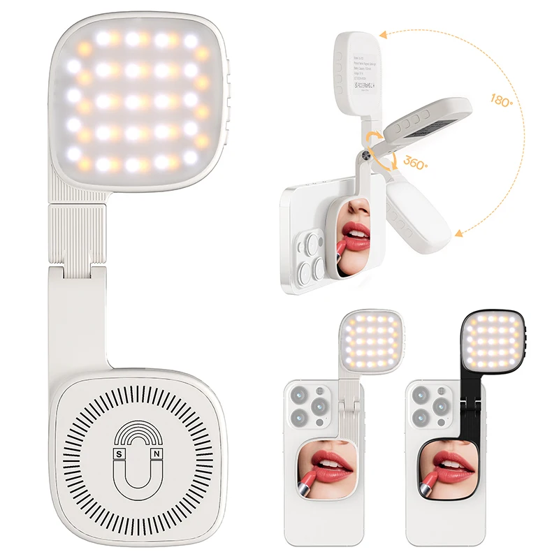 Magnetischer multifunktionaler Handy-Selfie-Spiegel, Mini-Fülllicht, 3 Farbtemperaturmodi, tragbare Taschenleuchte