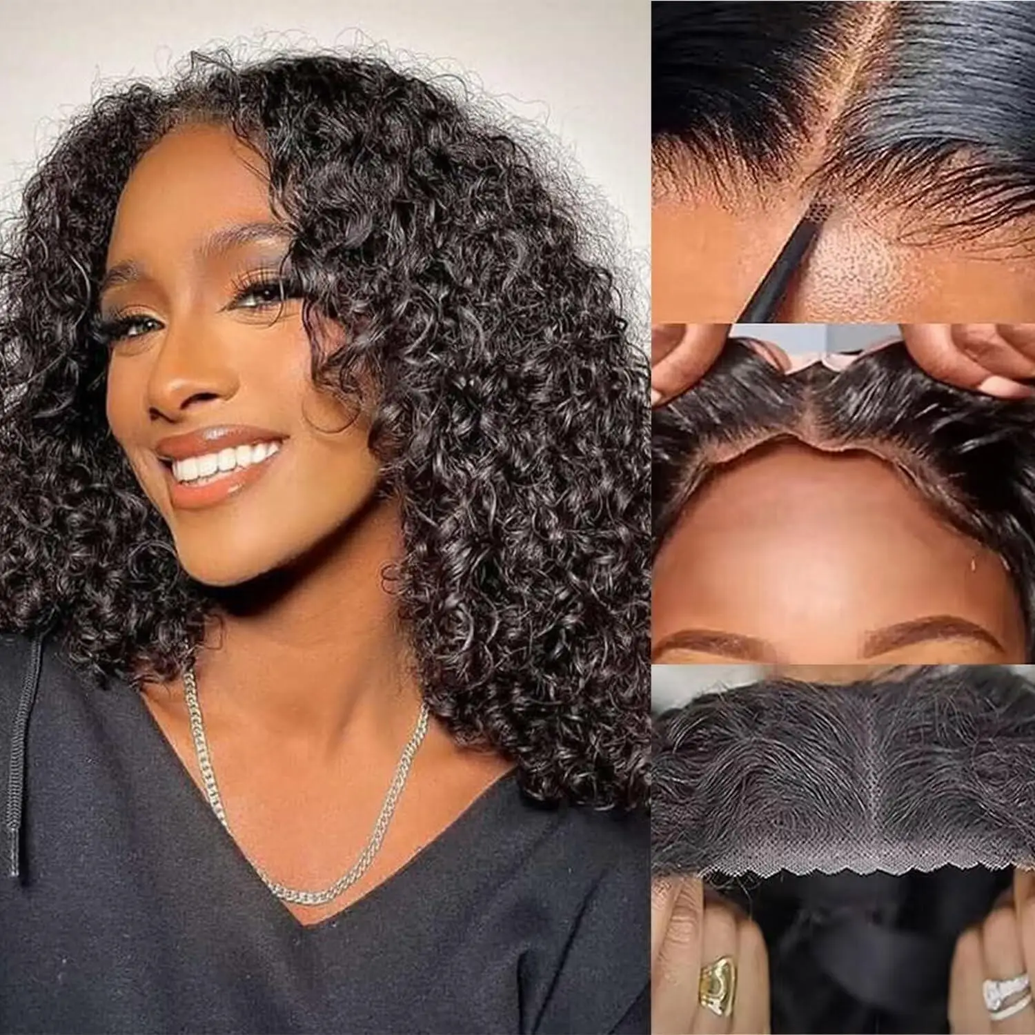 Glueless Kinky Curly Bob Human Hair Wigs Ready To Wear 4X4 Lace Closure Wig Malaysia Hair Put On and Go Curly Bob Wig 10-16 Inch