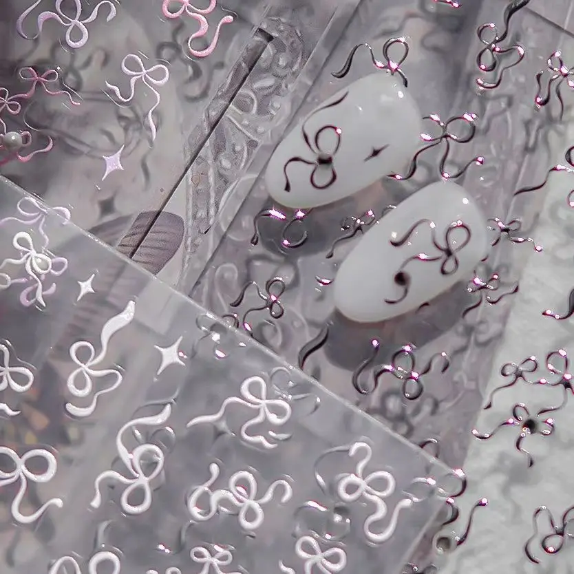

Romantic Pink White Silver Line Bowknot Ribbon Zircon Delicate Bow Tie Pearl Star Nail Art Stickers Manicure Decals Decorations