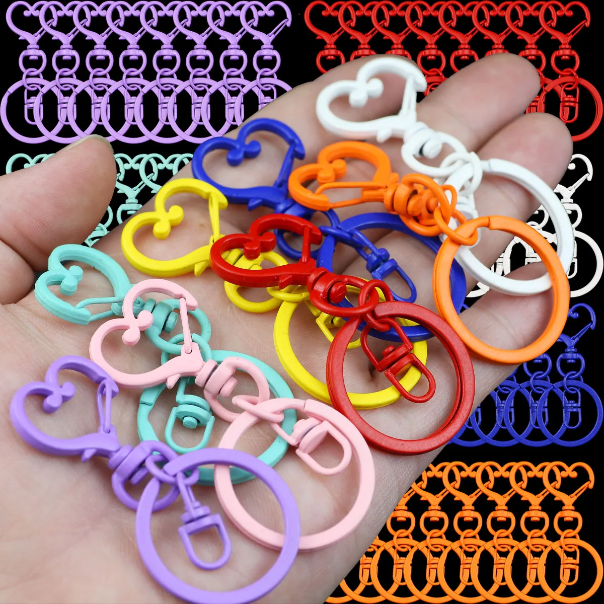 2~10pcs Colorful Heart-shaped Zinc Alloy Lobster Claw Clasps With Split Keychain Rings & Swivel Trigger For DIY Jewelry Crafting