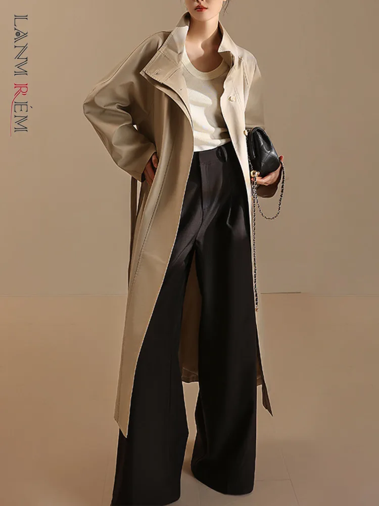 [LANMREM] Elegant Stand Neck Long Trench For Women Belt Gathered Waist Office Lady Windbreaker Female Coat 2025 Spring New