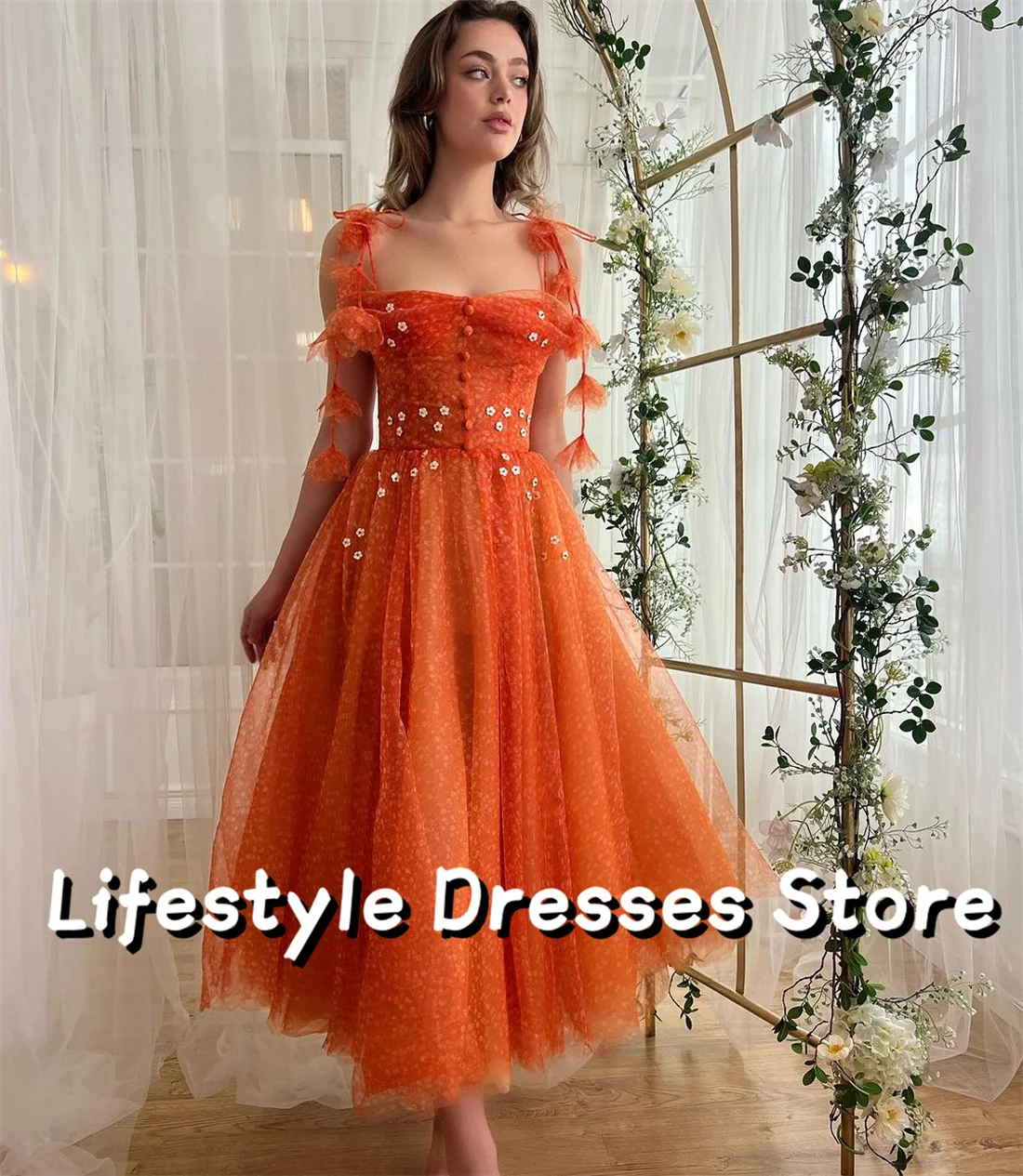 

Graduation Dress Orange Tulle Prom Dresses Buttons Sleeveless A-line Evening Homecoming Party Gown vestidos de gala