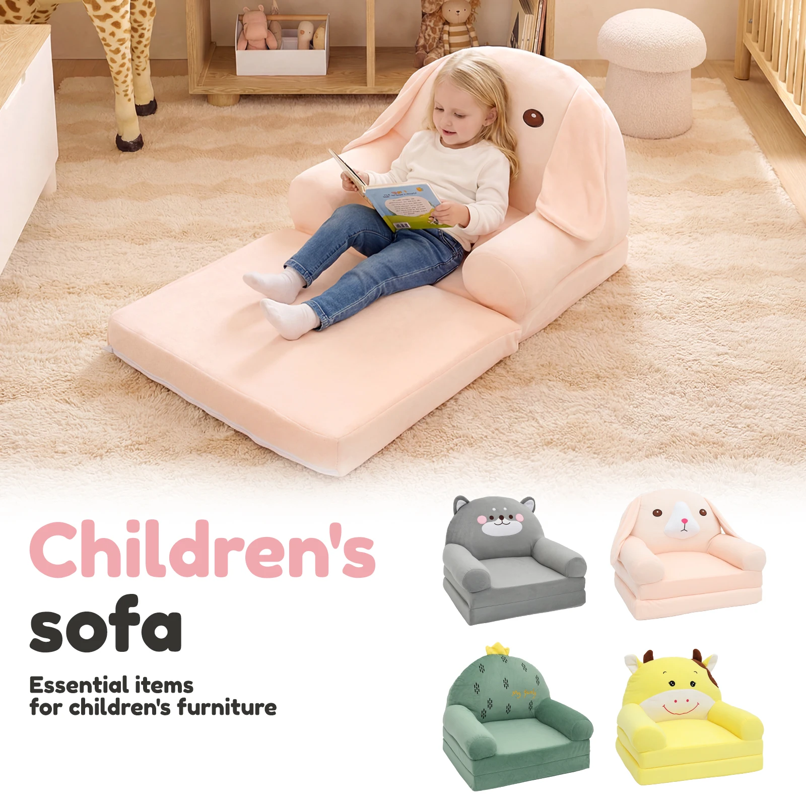 Plush Foldable Kids Sofa Comfortable Kids Sofa Bed 2 In 1 Lightweight Baby Lounge Chair Portable Couch for 1 to 4 Years Old