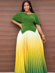 Women Plus Size Gradient Color Long Skirts And Tops Pleated 2 Piece Outfit Luxury Dubai Prom 2025 Casual For Female Fashion Sets