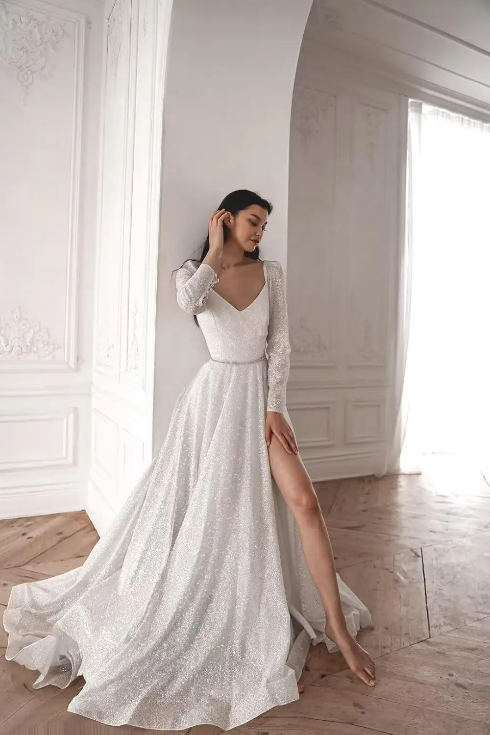 Glitter Prom Dresses Simple Long Sleeve Wedding Dresses for Bride A Line Princess Ball Gown with Slit simple wedding dress