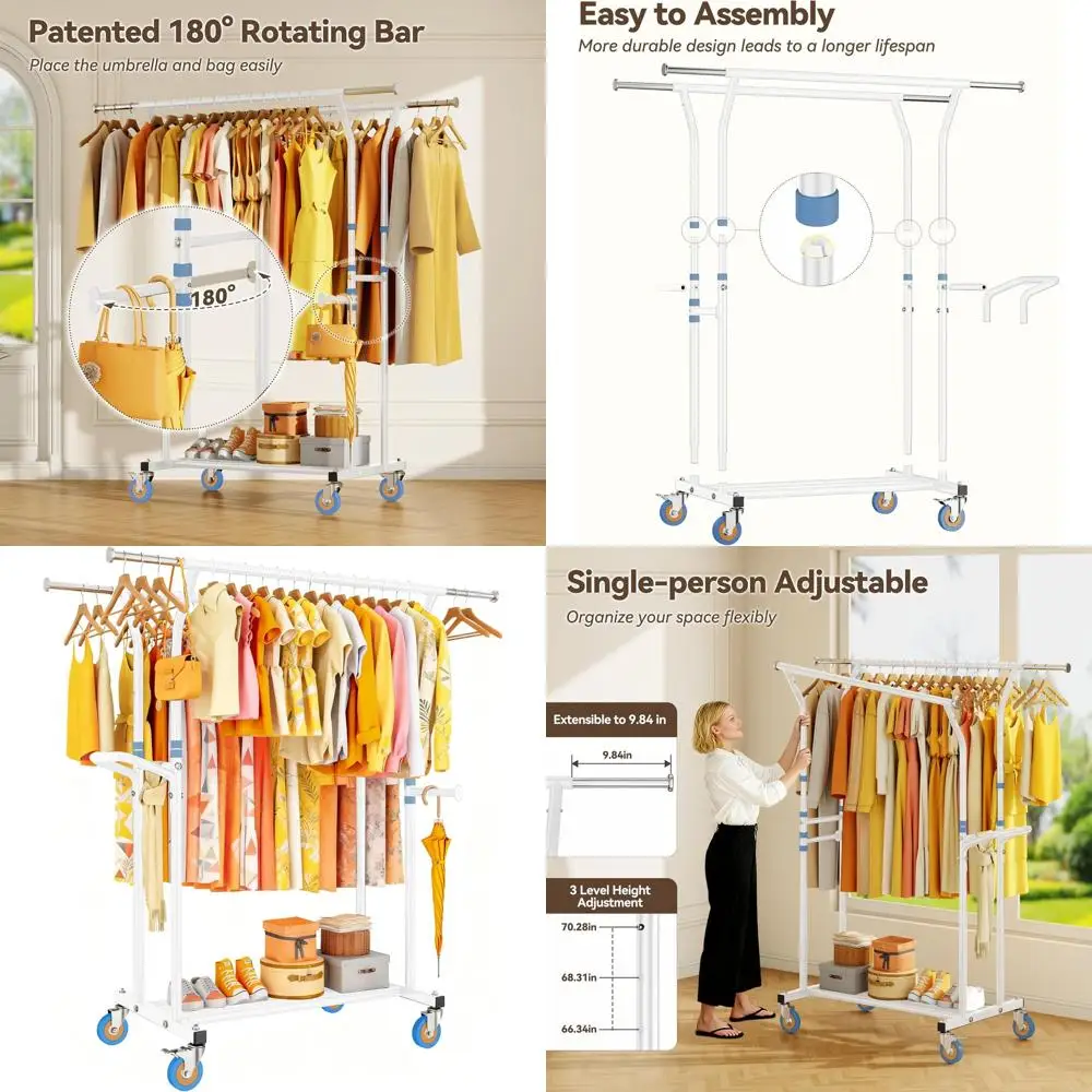 

Portable Heavy-Duty Metal Clothes Rack with Adjustable Shelves and Wheels for Bedroom, Laundry, and Living Room - Supports Up to