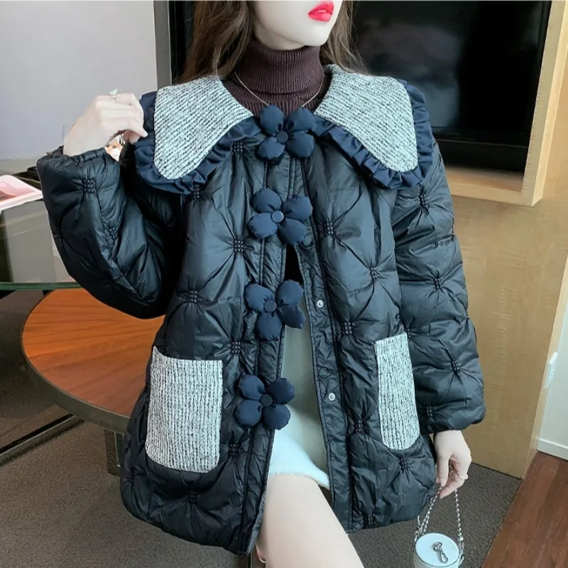 Sweet Peter Pan Collar Parka Coat Women Winter 2023 Fashion Hit Color Pockets Jacket Causal Flowers Zipper Parkas Top