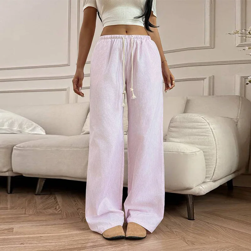 

Loose Elastic Waist Drawstring Pants Women Cotton Stripe Printed Wide Leg Summer Straight Leg Y2K Pants Spring Sporty Casual