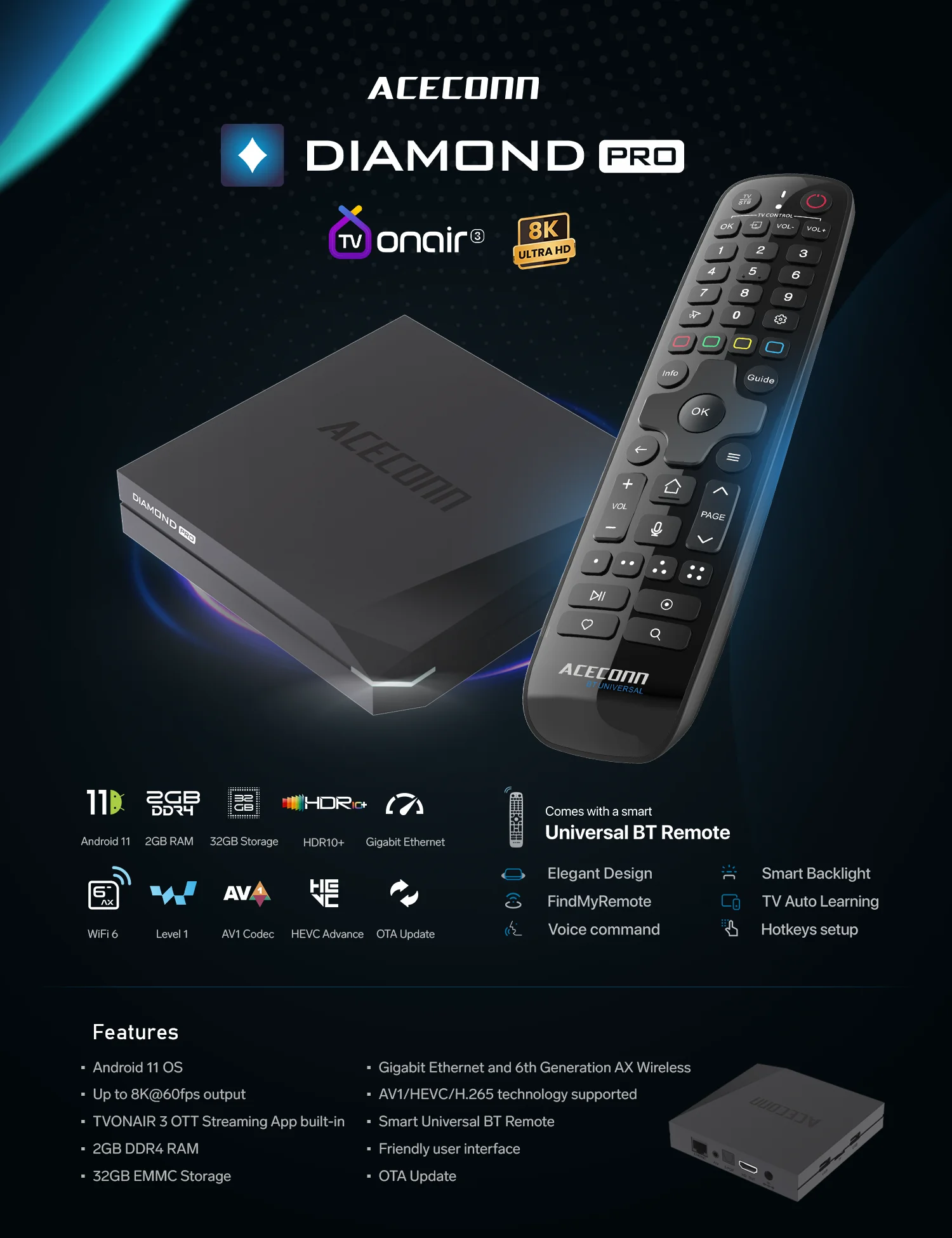 ACECONN Diamond Pro streaming Android cajas iptv 4K 8K TVONAIR3 2G 32GB WiFi6 Gigabit BT soporte voz remota retroiluminación TV Box