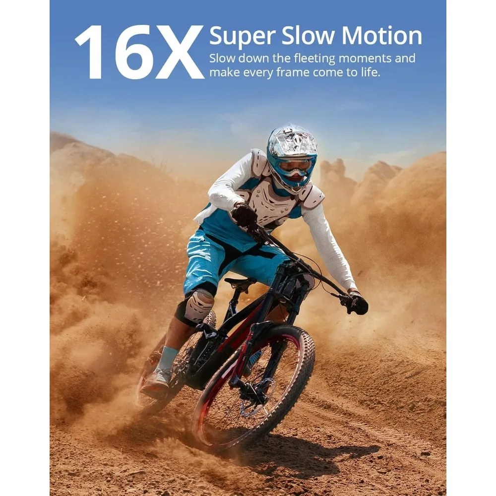 Action Camera, 48MP Photo Touch Screen Waterproof Super Wide Angle 16x Slo-mo