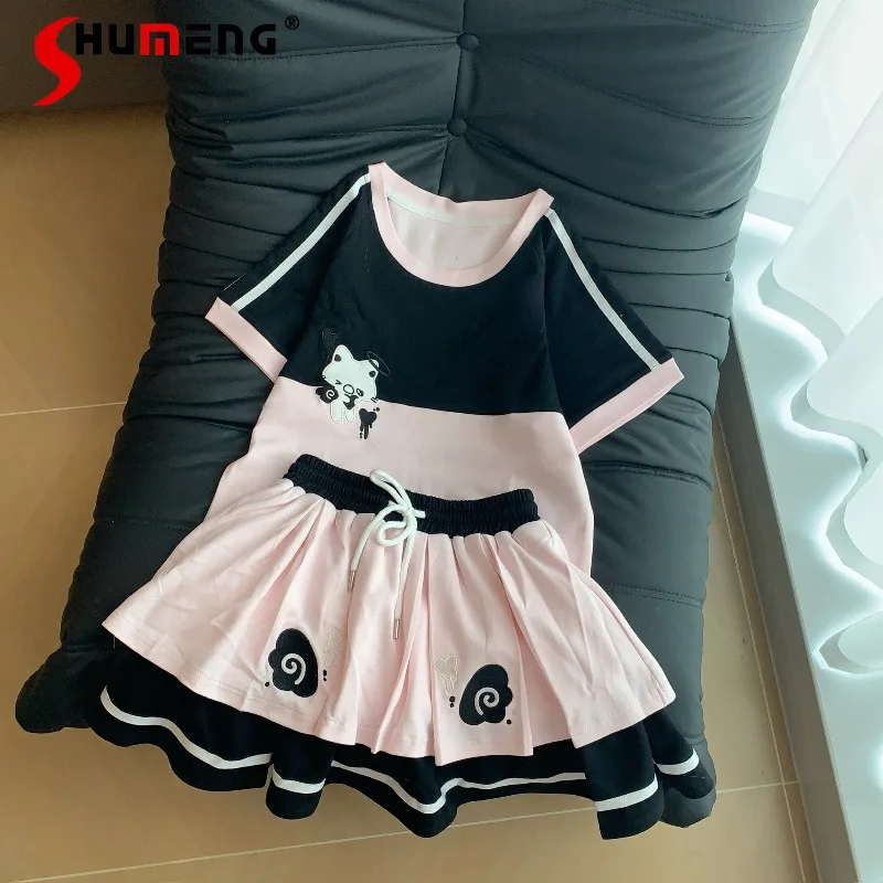 

Daily Wear T-shirt Summer New Cute Color Block Cat Embroidery Short Sleeves Top And Mini Skirt 2 Piece Outfit Y2k Casual Clothes