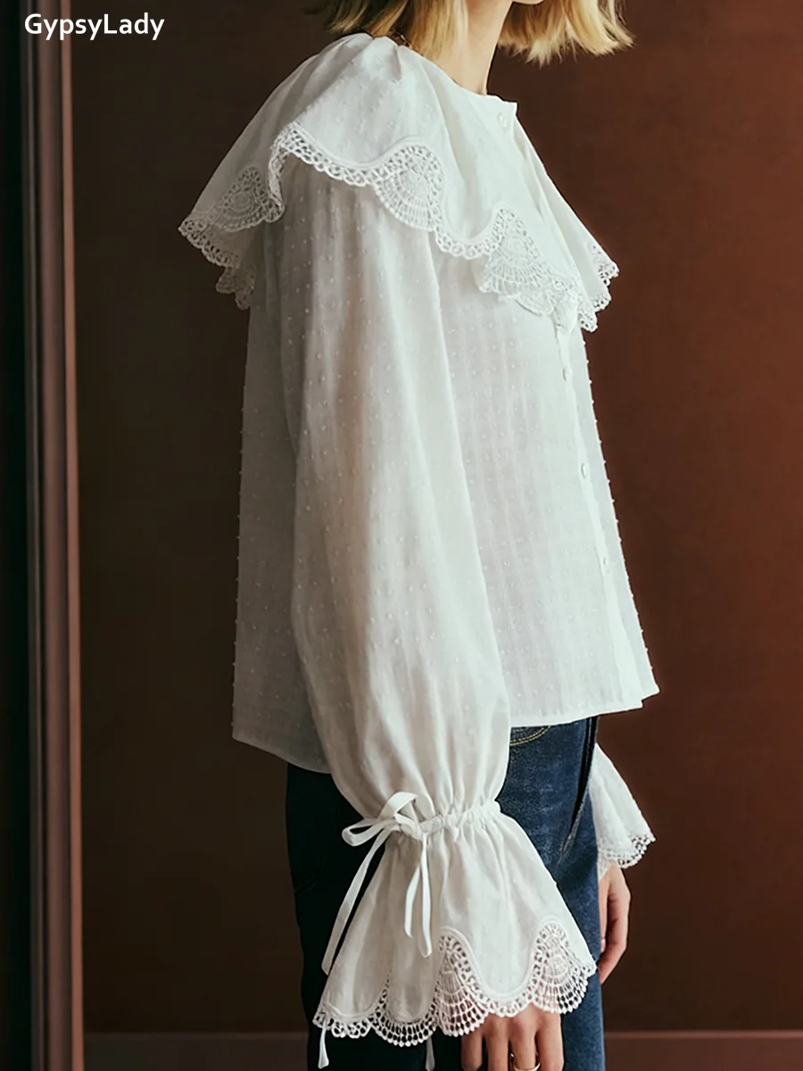 ヴィンテージフレンチスタイル白ブラウスシャツ女性花柄刺繍レースネクタイベルスリーブ綿ボタン付きカジュアルレディースシャツトップス