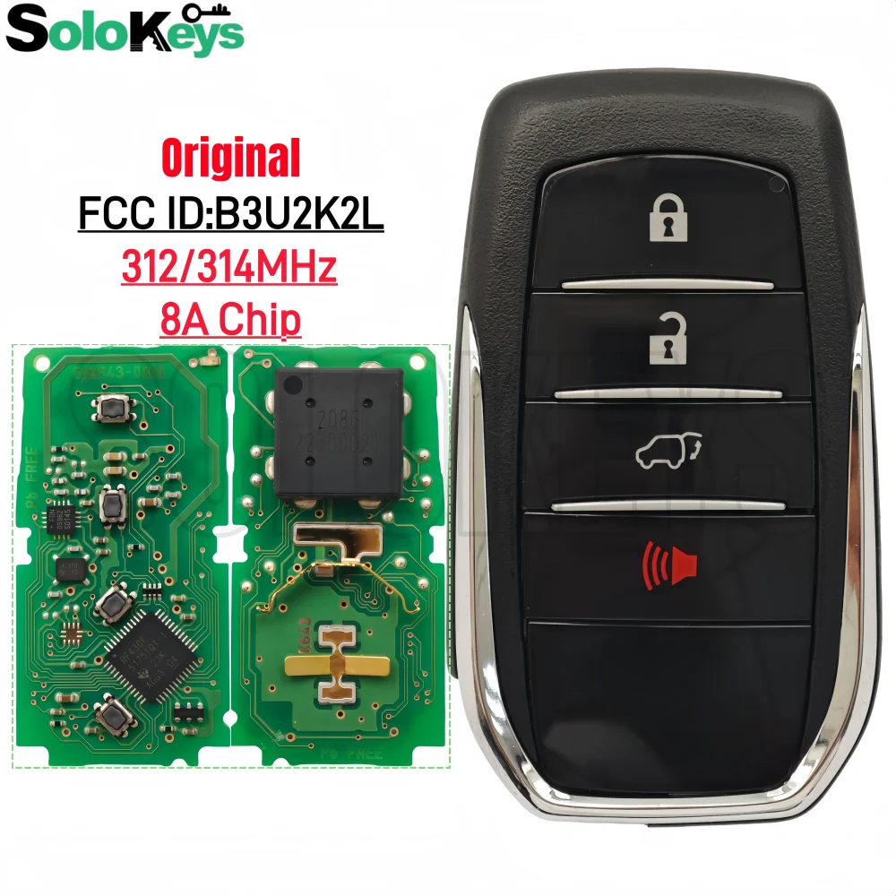 

SOLOKEYS FCC ID:B3U2K2L 61K643-0010 312/314MHz 8A Chip Original Smart Remote Control Key For Toyota FORTUNER 4 Buttons