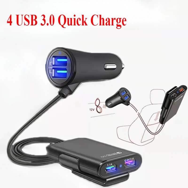 QC 3.0ชาร์จเร็ว USB ชาร์จเร็ว3.0ที่ชาร์จแบตในรถสำหรับด้านหน้าและด้านหลังที่จุดบุหรี่ในรถชาร์จ4พอร์ต USB