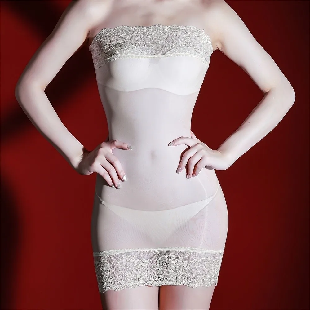 Sheer Fabric Bodycon Mini Dress Lace Trim Bodycon Fit See Through Dress Strapless Design Shiny Finish Sexy Bodycon Dress