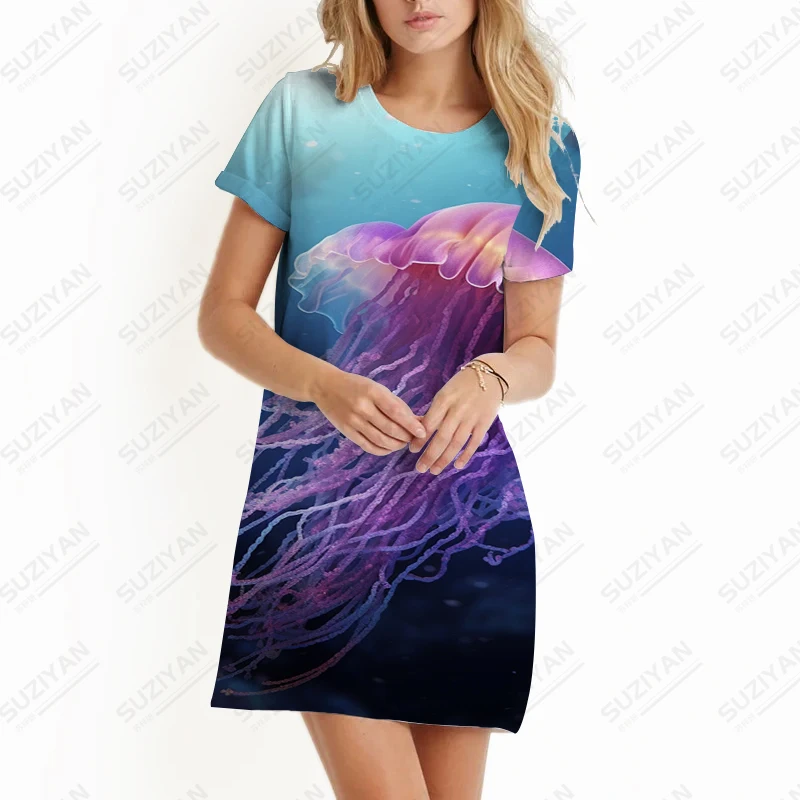 2023 New Summer Ladies Dress Sea Jellyfish 3d Printed Dress Beach Vacation Style Dress Casual All-match Dress