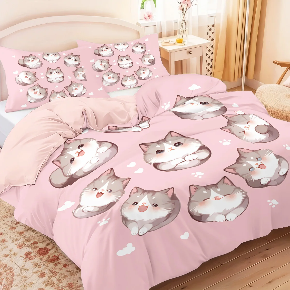 3pcs (1 duvet cover, 2 pillowcases, coreless), pink cute cartoon cat element printed bedding set, soft and comfortable