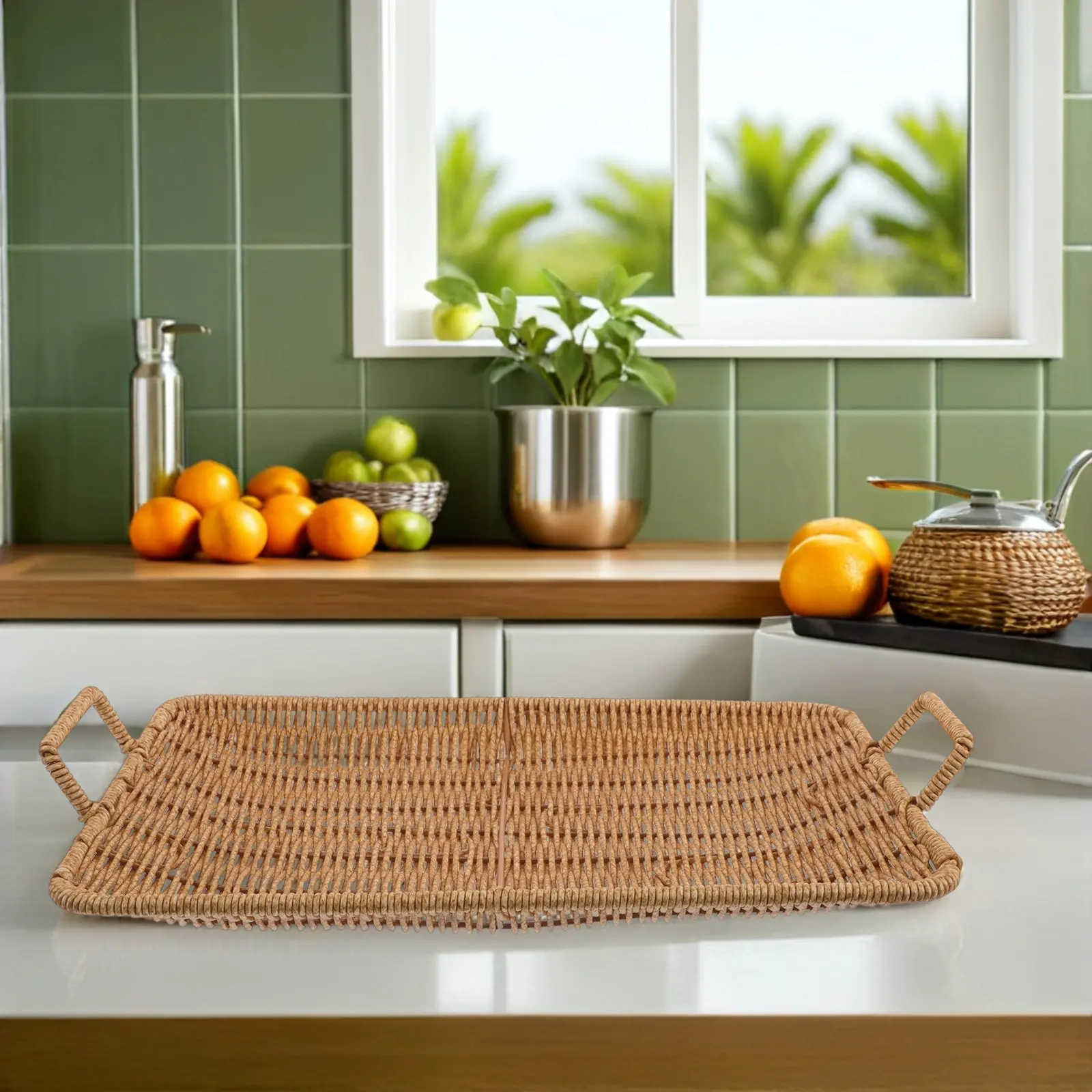Rectangle Plastic Rattan Fry Basket Small Decorative Serving Tray Snack Organizer Tray French Fry Basket for Restaurant Buffet
