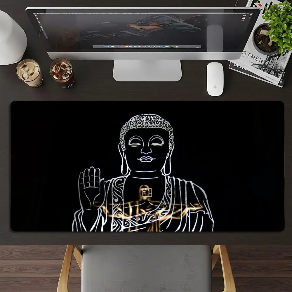 Large Gaming Mouse Pad White Line Buddha Figure Dark Background Mats XXL Rubber Anti-slip Laptop Keyboard Mousepads Desk Pads
