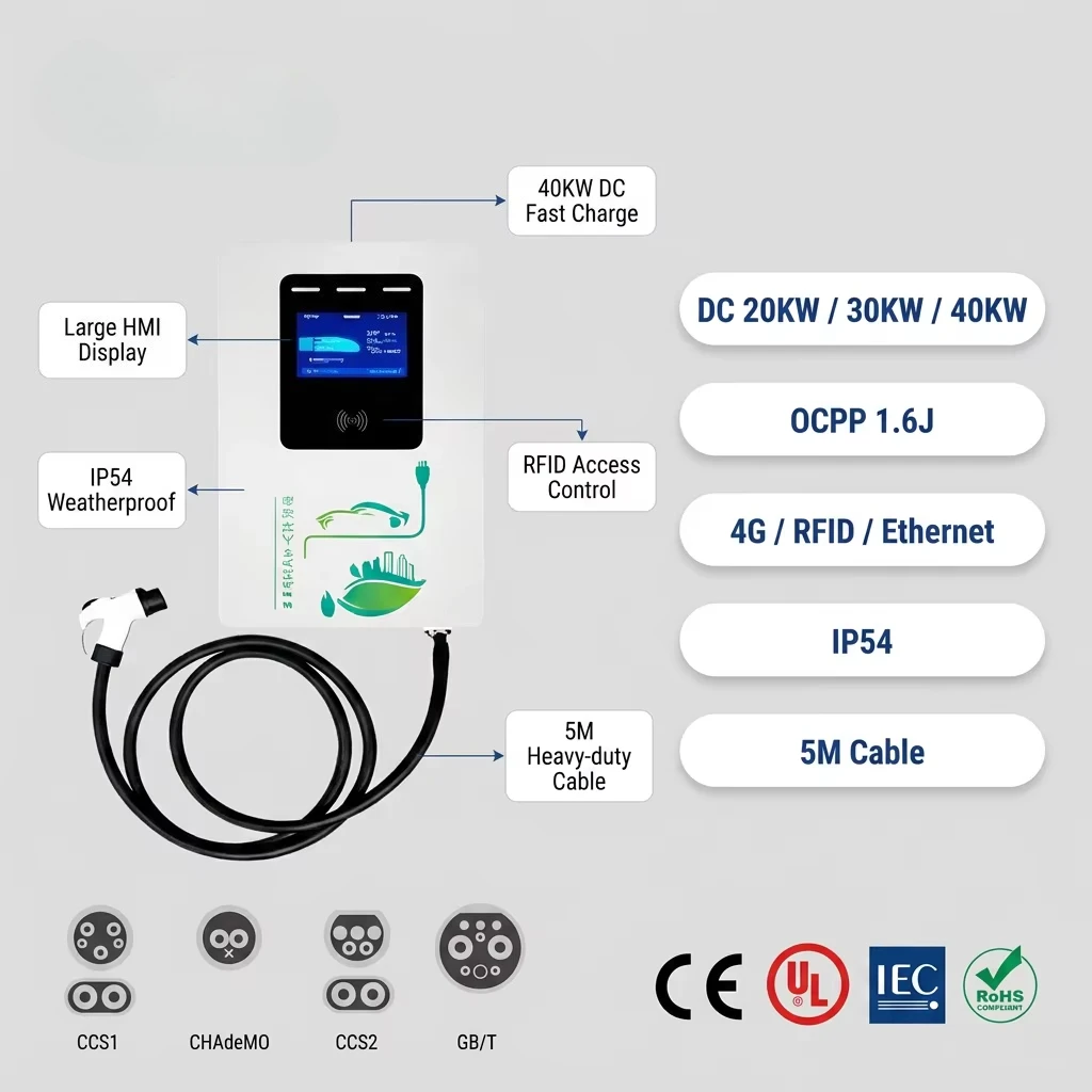 20KW 30KW 40KW DC Quick Charge Station CCS1 CCS2 CHADEMO GBT OCPP 1.6J 4G RFID IP54 AC 380V 3 Phase EV Wall Mount Charger