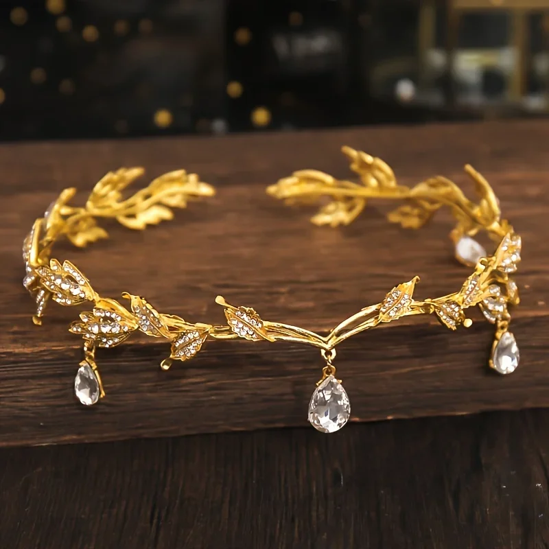 Vintage Crystal Rhinestone Waterdrop Leaf Tiara Crown Headband Wedding Hair Accessories Frontlet Bridesmaid Bridal Hair Jewelry