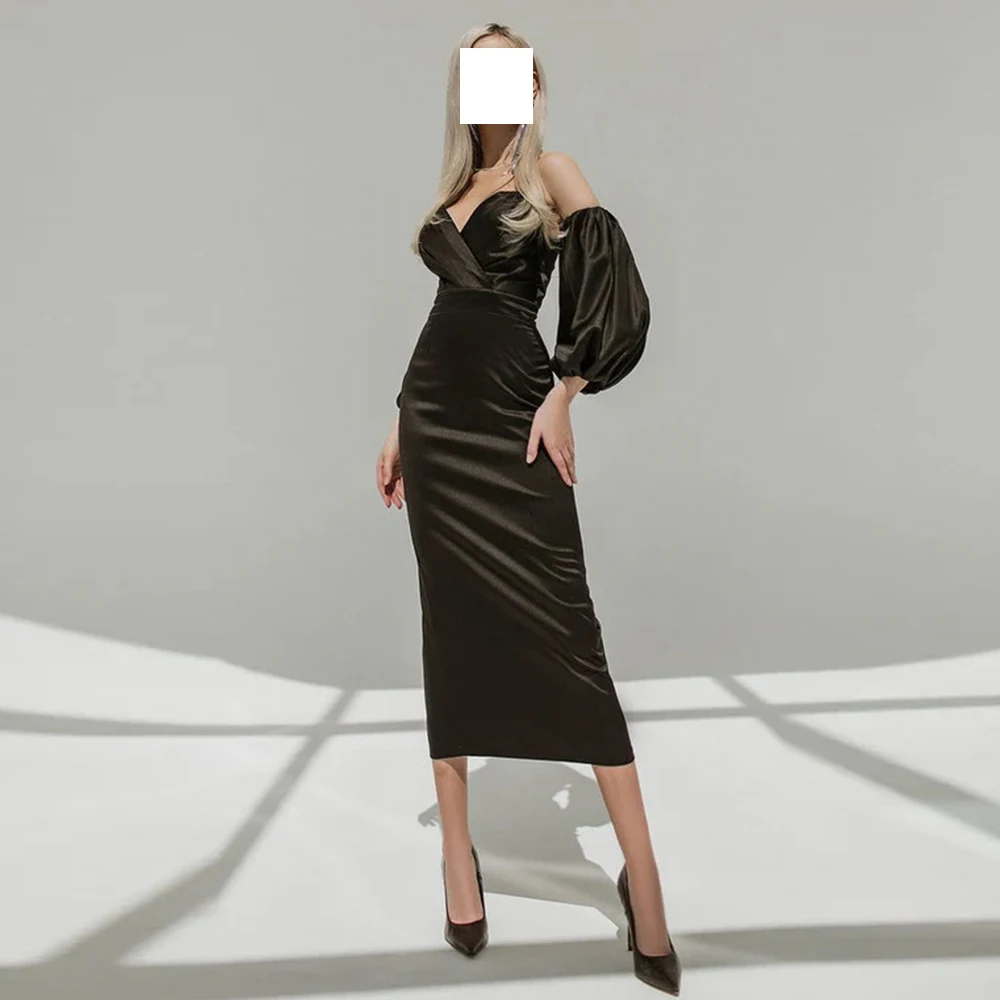 

Sexy Straight Black Tea Length Detachable Sleeve Satin Short Sleeves Evening Dress Bohemian Pleats Open Back Saudi Arabia