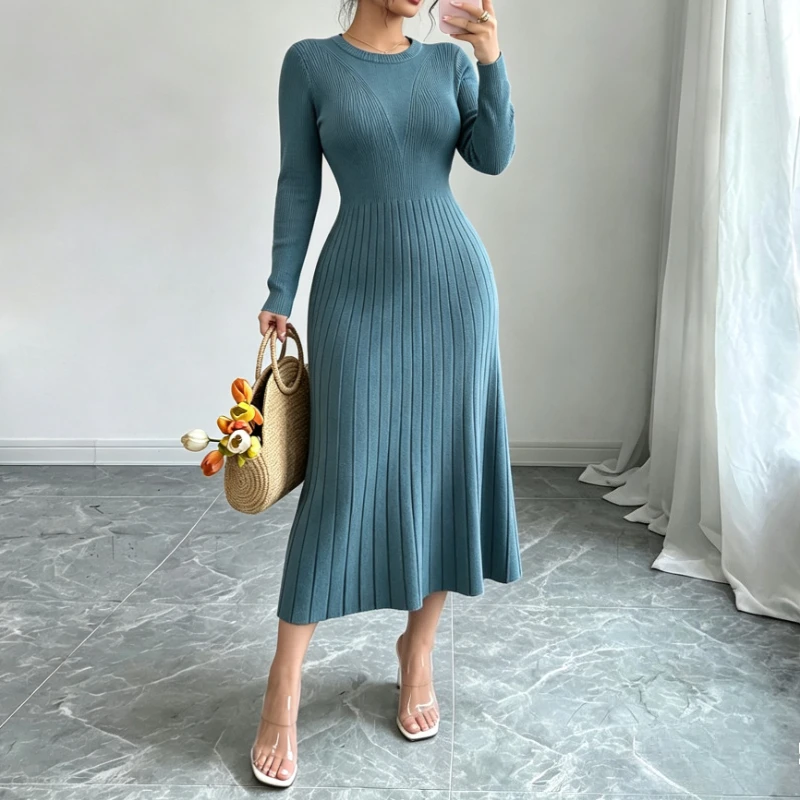 Women Knit Sweater Maxi Dress Long Sleeve Round Neck Elastic Slimi Bodycon Dress Elegant Party Casual Ladies Knitted Dress - view 4