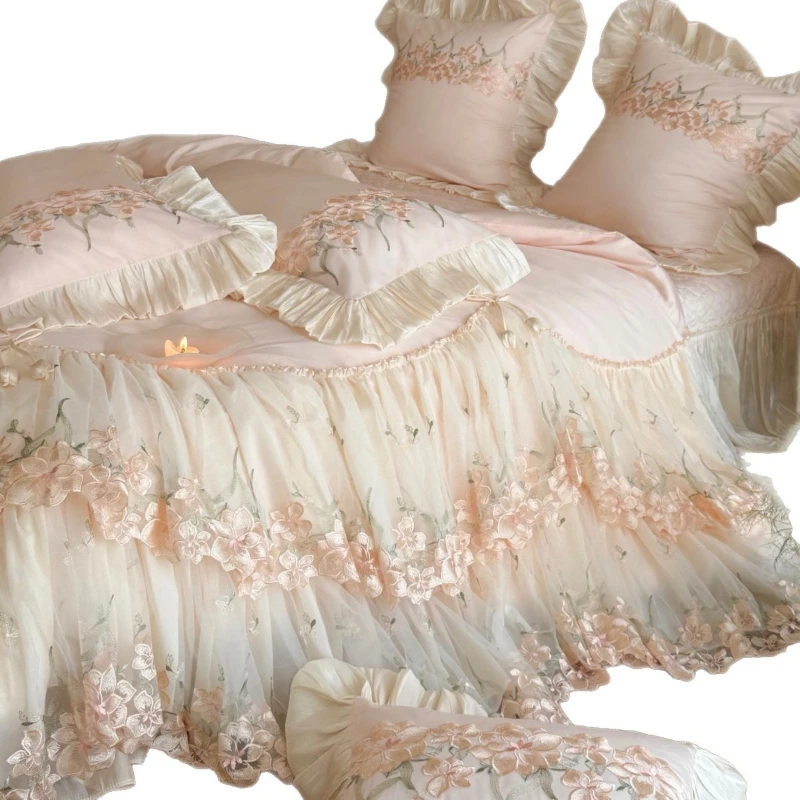 100 long-staple cotton high-grade lace French princess style four-piece set, spring and summer high-staple cotton quilt cover