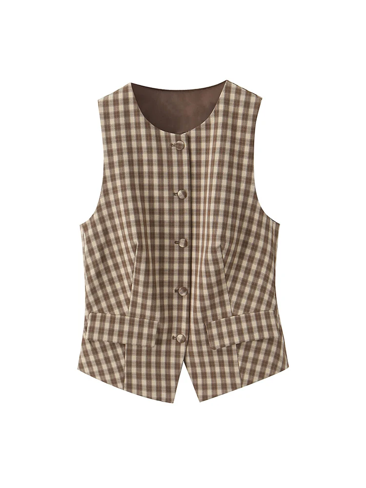 

KUCLUT Women Fashion Plaid Single Breasted Waistcoats Vest Vintage O-Neck Sleeveless Jackets Female Chic Lady Tank Tops