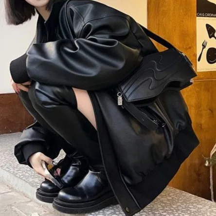 Chaqueta de Cuero Negra para Mujer, Estilo Retro Americano, Chaqueta de Motociclista, Estilo Estudiantil, Entallada, Moderna, para Primavera y Otoño