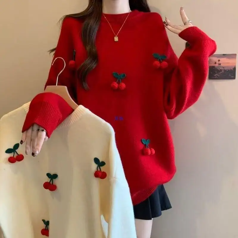 2026 New Autumnwinter Fashion Christmas Women Wear Red Sweater Lazy Style Versatile Casual Loose Thick Warm Knitted Sweatertops
