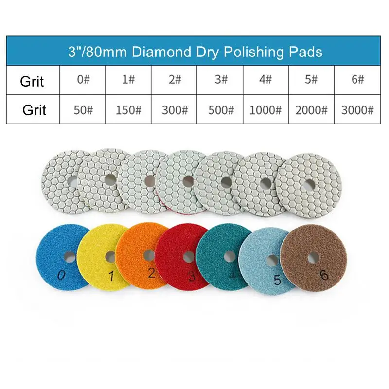 7PCS 3Inch 80mm Diamond Polishing Pads Kit Wet/Dry for Granite Stone Quartz Concrete Marble Tile Glass Polishing Grinding Disc