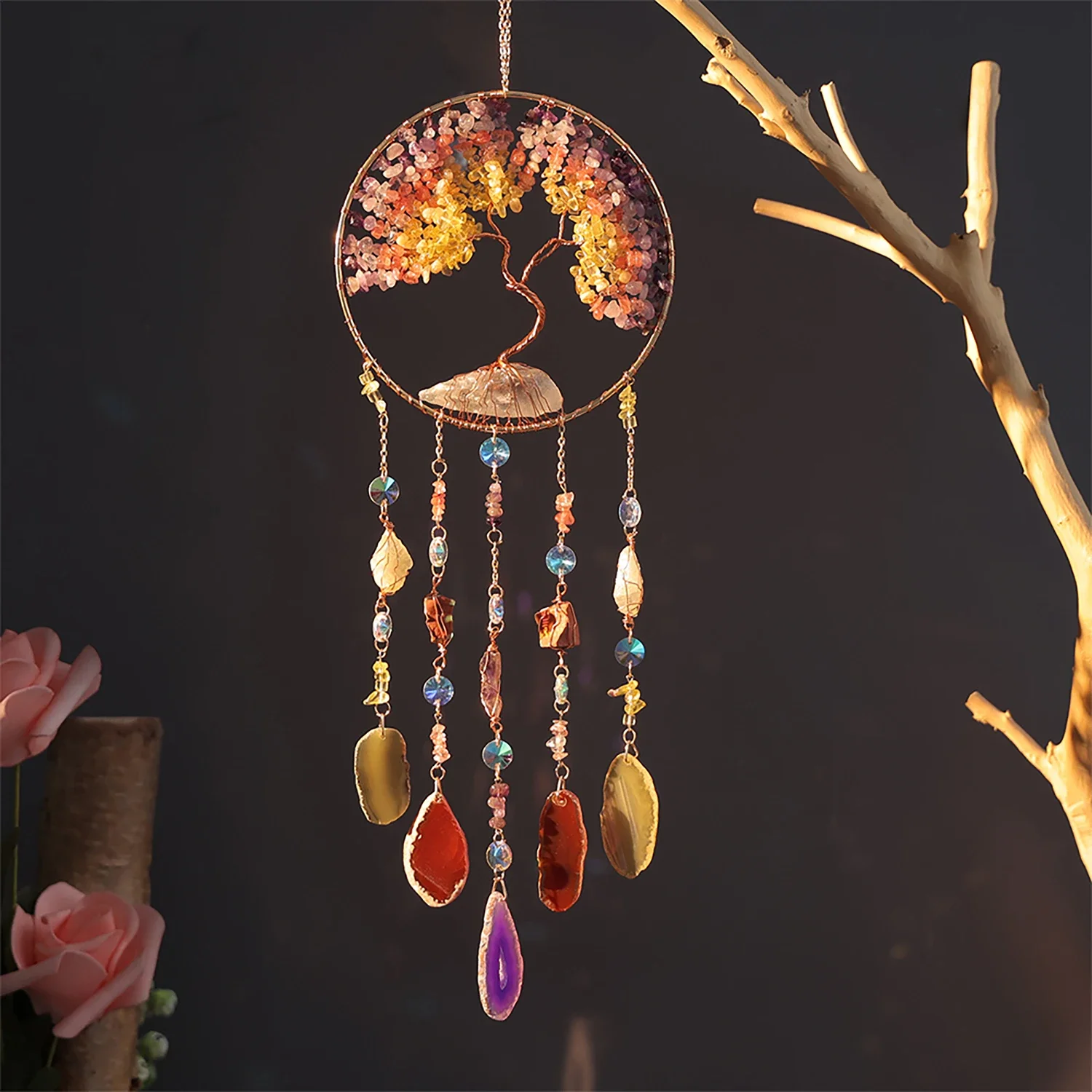 Natural Agate Dream Catcher Wall Hanging Moon Star Sun Crystal Stone Dream Catcher Garden Bedroom Agate Wall Hanging Decorations
