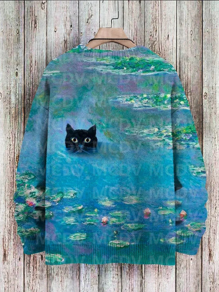 Cute Black Cat In The Water Lily Art Print Casual Knit Pullover Sweatshirt Women For Men Sweater