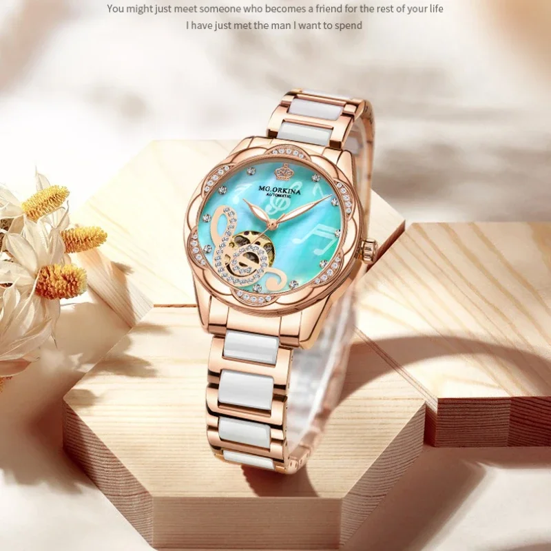 Mechanical Watches Ladies Automatic Mechanical Watches Ceramic Steel Band Waterproof Green Watch Ladies Luminous Wristwatch